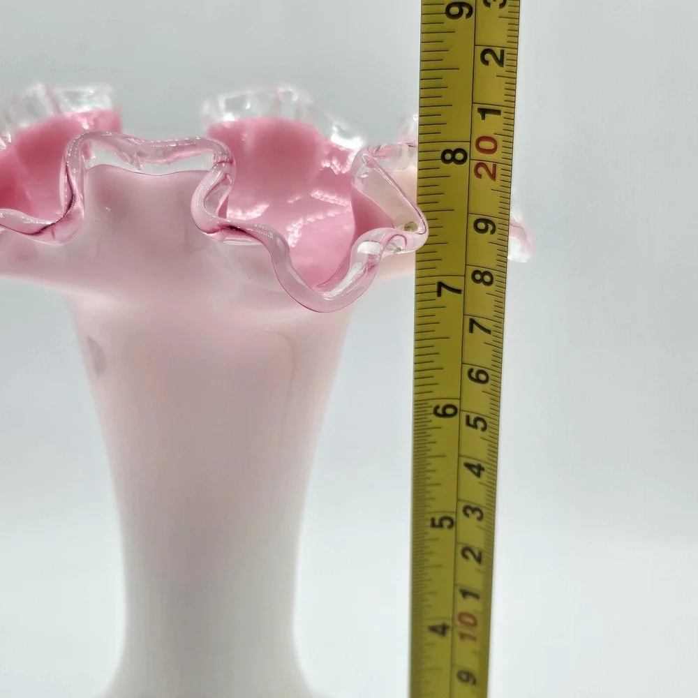 Fenton Peach Crest White And Pink Glass Double Ruffled Crimped 8